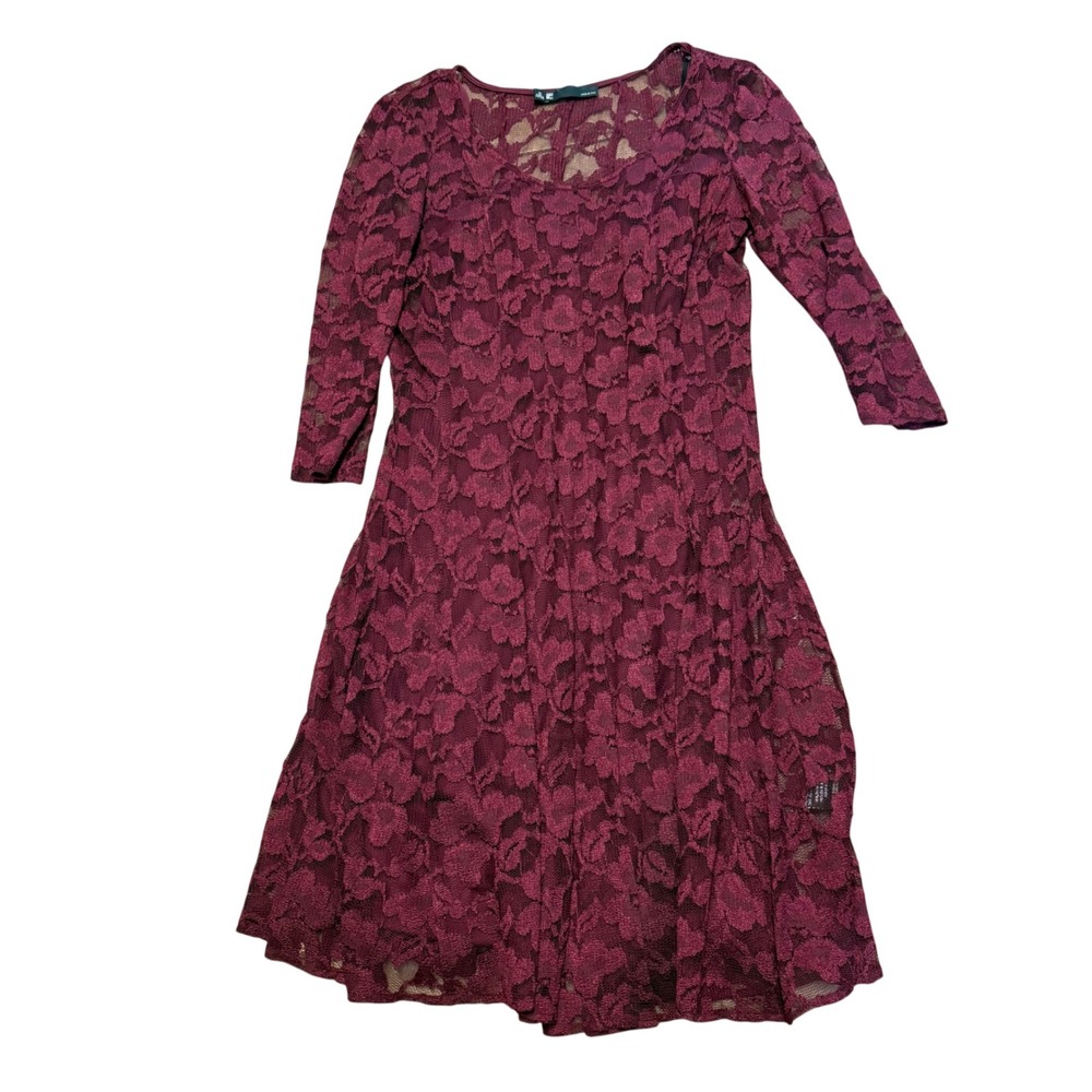 Leslie‎ Fay Burgundy Lace Dress 3/4 Sleeve Fit Flare Size 10